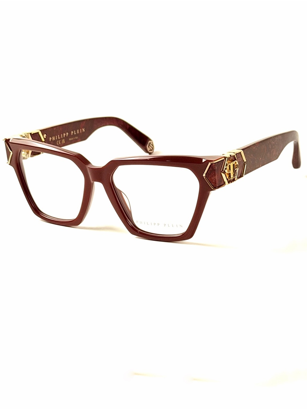 Philipp Plein Women's Dark Burgundy Geometric Acetate Glasses with Gold Accents